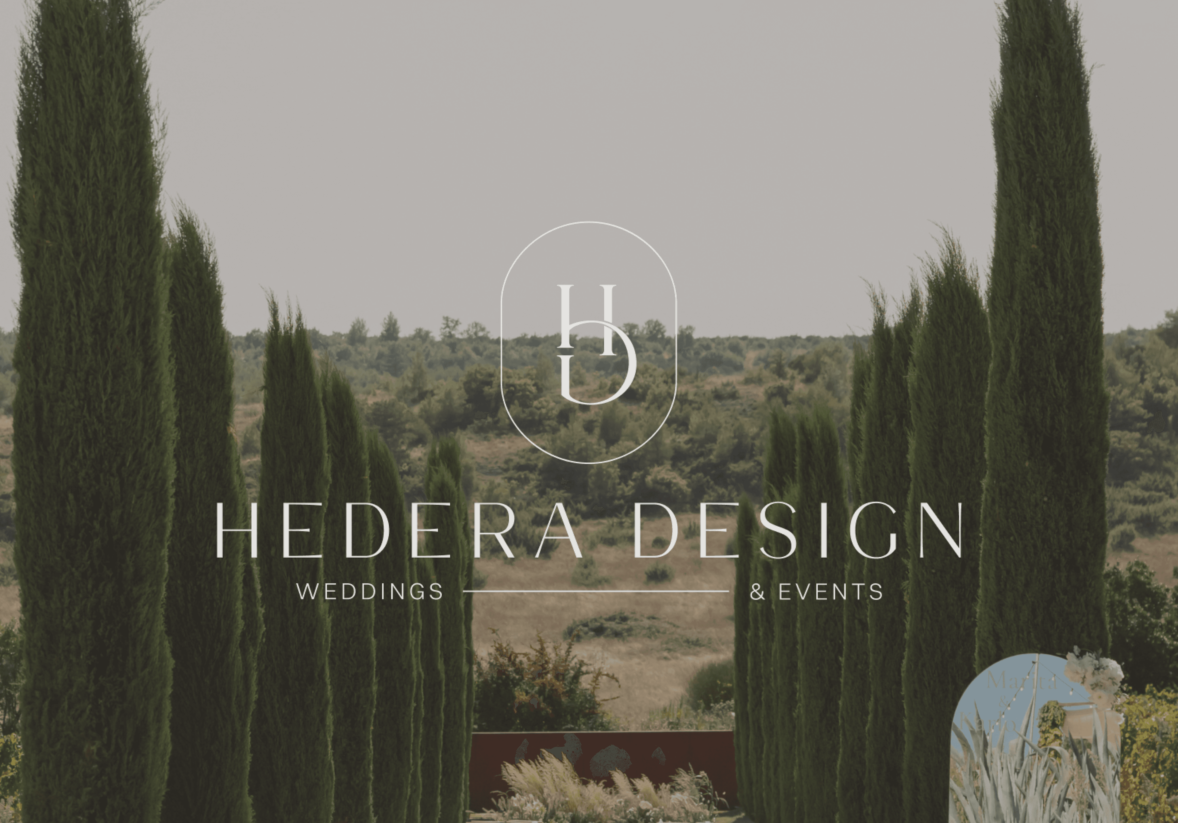Hedera Design logo mark set against a cypress-lined wedding aisle